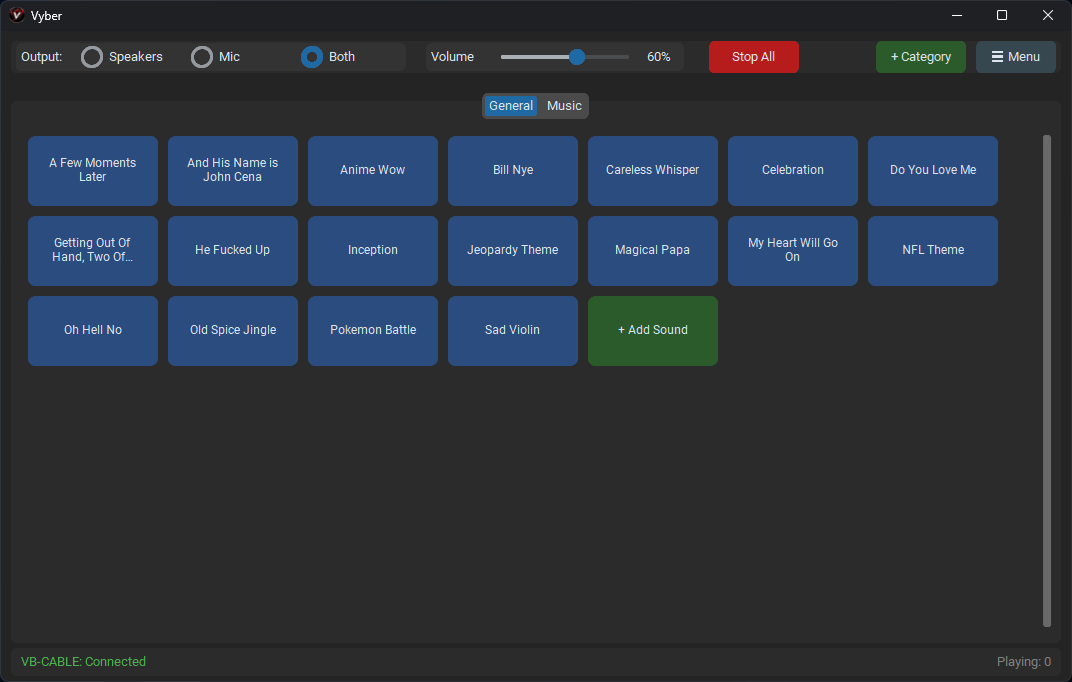 Vyber soundboard application showing sound buttons organized in categories with volume controls and audio device settings